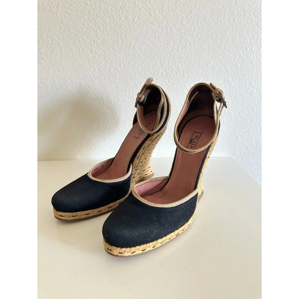 ALAIA Wedge Espadrille Sandals Canvas Almond Toe Ankle Strap Black Women's EU 38